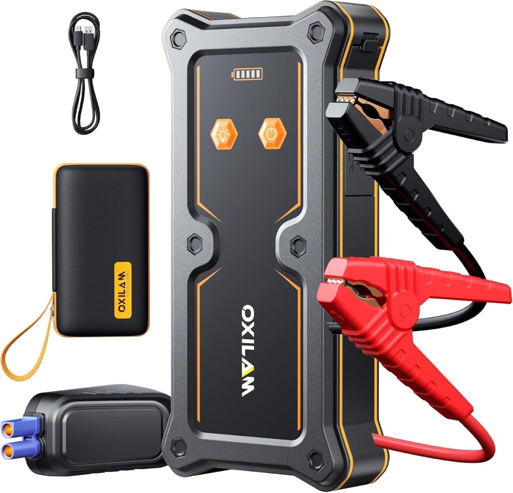 OXILAM 8000A Jump Starter - Car Jumper Starter Portable for All Gas & Diesel Engines, 12V Jump Box for Car Battery with Extended Jumper Cables, USB, DC, Type C Port & LED Light