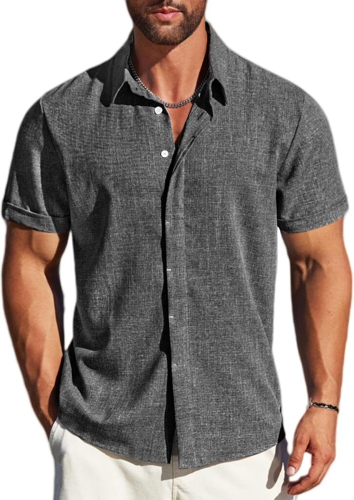 Mens Linen Shirts Short Sleeve Button Down Shirt Casual Untucked Fit